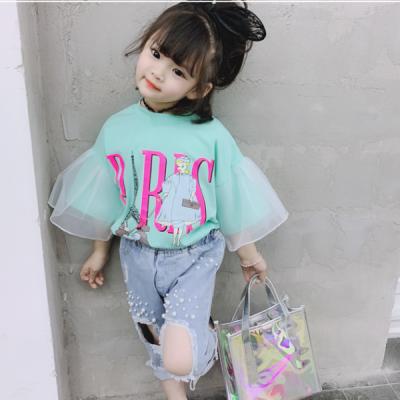 China KS1052 Anti-pilling Tulle Girls Quilting Flare Sleeve Blouse Printing Fashion Girls Interesting Tops and T-shirt 2020 for sale