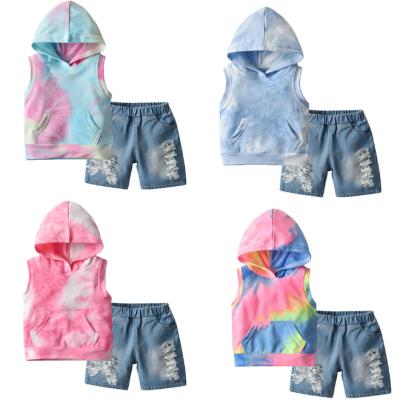 China KS7222 Summer Boys Casual Clothes Set Tie Dye Set New Ripped Denim Shorts And Tank Tops Set for sale