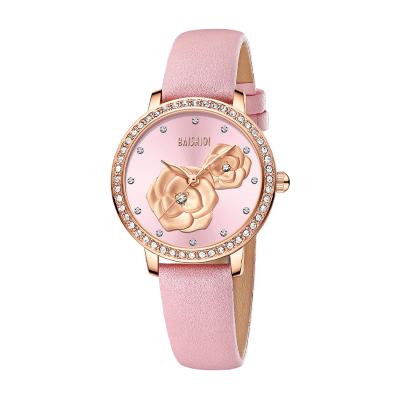 China Fashion Ladies Fashion Calendar BAISHIQI Beautiful Flower Design Full Leather Casual Women's Wrist Quartz Women's Watches for sale