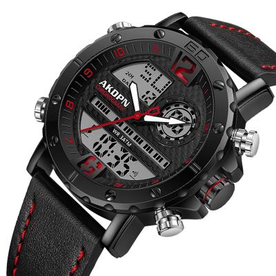 China Brand Luxury Men's Leather Sports Watches Chronograph Mens Watches AKDPN Men's Waterproof Quartz LED Digital Clock Military Wrist Watch for sale