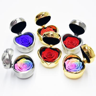 China Gifts Wedding Decoration Rose Gift Ring Box 4-5cm Preserved Rose In Iron Box Jewelry Box for sale