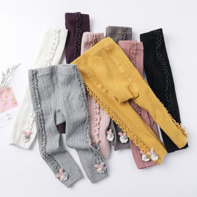 China Color Fade Proof ETong Factory  Wholesale Spring Hot Sale Side Ruffle Baby Pants Cute Rabbit Accessory Soft Cotton Kids Girls Leggings for sale