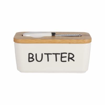 China Custom Large Rectangle Butter Box White Butter Container Viable Ceramic Cheese Butter Dish With Wooden Lid And Knife Set for sale