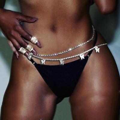 China Shiny Rhinestone Butterfly Body Jewelry Rhinestone Dangle Sexy Tennis Waist Chain for Women Beach Charm Bikini Belly Chain Butterfly Waist Chain Belt for sale