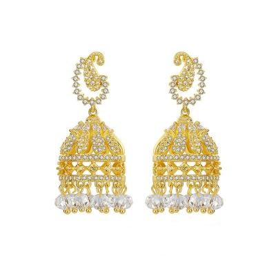 China Fashion Retro Thick Ethnic Zircon Hollow Plating Three-Layer Diamond Birdcage Bright Wind Rings Tassel Pearl Saree Dangling Arab Indian Earrings for sale