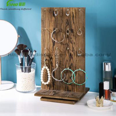 China Showcase 360 ​​Degree Rotating Rustic Burnt Wood 32 Hangs Bracelet Stand Jewelry Display Stands for sale