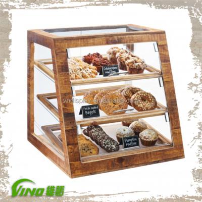 China Environmental Friendly Antique Wood Case Worktop Glass Display Shelf Rustic Pastry Display For Rustic Cafe for sale