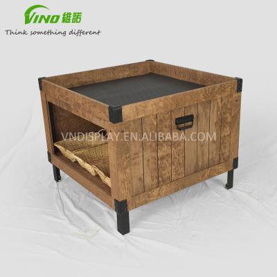 China 4-sided Wooden In-store Supermarket Rustic Vintage Shelf Orchard Advertising Bin for sale