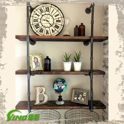 China Portable Vintage Wall Mounted Wood Rack, Iron, Industrial Display Rack Wood Rack, Rustic Handmade Hanging Tier Shelf Storage for sale