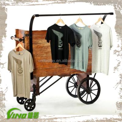 China Portable Creative Design Cloth Rack, Rustic Clothing Shelf Wood, Clothing Store Trolley for sale