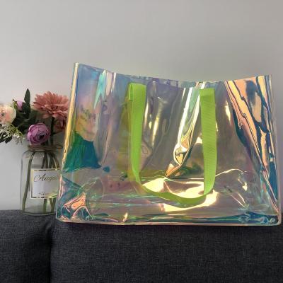 China Hot Selling Transparent Holographic Iridescent Iridescent Tote Bags Recycled Materials Hologram PVC Tote Handle Bag Clear Laser Handbag for sale