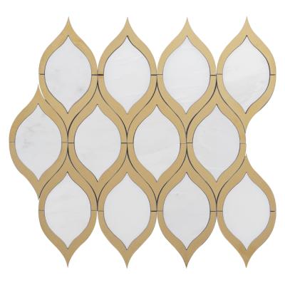 China LANDER modern natural stone oriental mosaic white waterjet brass marble wall tiles for kitchen backsplash for sale