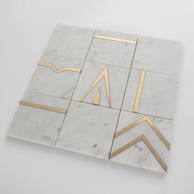 China Geometric Design Modern Premium White Marble And Brass Mosaic Tiles For Wall Decoration for sale