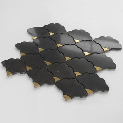 China Hainan Fish Scale Fan Shape Mosaic Tile Modern Black Marble Large Brass Mosaic Tile for sale