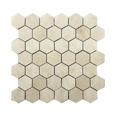 China Parquet Hexagon Crema Marfil Marble Mosaic For Bathroom for sale