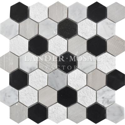 China Gray Color White And Black Mixed Hexagon Marble Mosaic Parquet Flooring For Home Decoration for sale