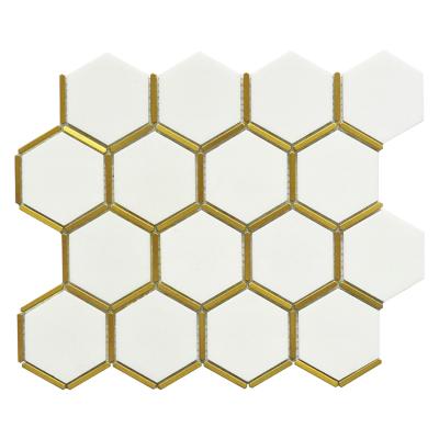 China New Parquet Design Hexagonal Honeycomb Brass Inlay Tiles White Marble With Brush Gold Stainless Steel Mosaic Slab for sale