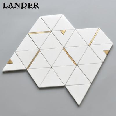 China Parquet white gold triangle stone bathroom kitchen wall mosaic tile backsplash stainless steel brass copper metal waterjet mosaic tile for sale