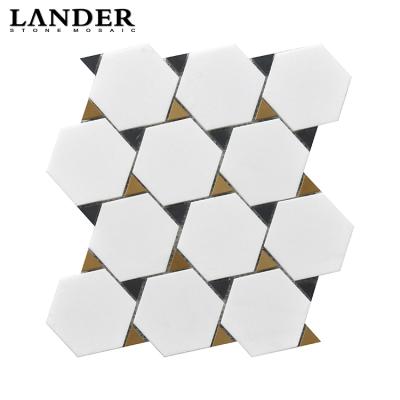 China New Parquet Design Hexagon And Triangle Thassos White Marble With Brushed Gold Stainless Steel Mosaic Slab for sale