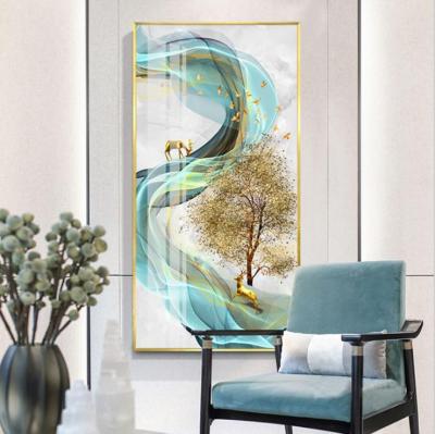 China Siamese Lotus with Flowers Modern Gold and Blue Gold Foil Abstract Oil Painting on Canvas Abstract Gilding Home Decoration Painting Abstract Bull Oil Painting for sale