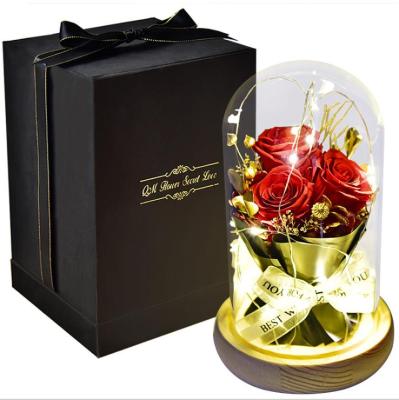 China 2021 Occasion Real Flower Gift Box Mothers Day LED Beauty News Red Eternal Preserved Roses Forever In Glass Dome for sale