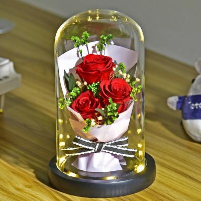 China 3pcs High Quality Imported Natural Eco-friendly Eternal Red Rose Wedding Decorative Flowers And Glass Garlands Large Dome Flower C&D for sale