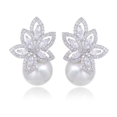 China New Trendy High Quality Flower Zircon Material CZ Pearl Stud Earrings For Bridal Jewelry for sale