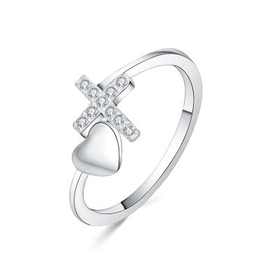 China Zircon Classic Trendy Fashionable Silver Cross Heart Statement Party Open Rings Jewelry For Women for sale