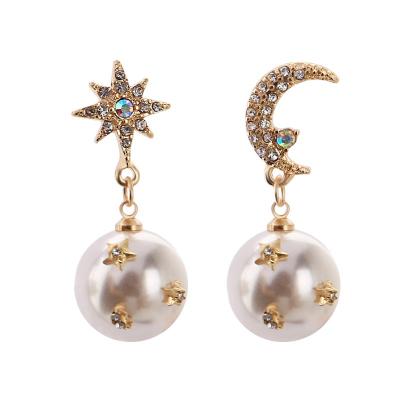 China Star And Moon Earring Fashion Design Asymmetrical Pearl Star And Moon Earrings S925 Crystal Silver Pin Drop Earrings for sale