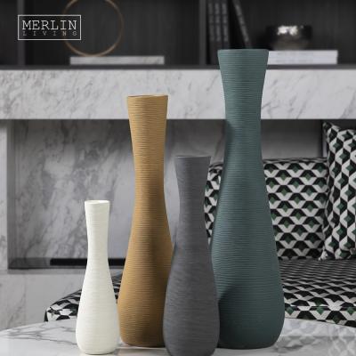 China Minimalist Merlin Nordic Long Neck Hourglass Vase Contemporary Fluted Ribbed Textured Tall Decorative Thin Tube For Vase Table Top Decor for sale