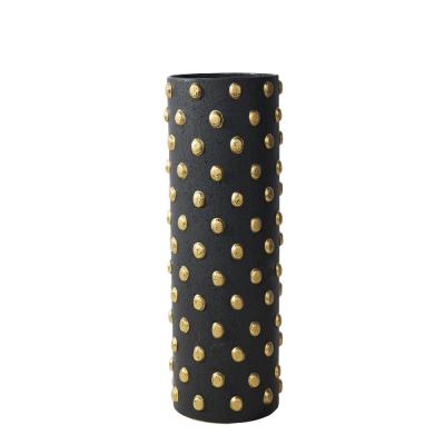 China Minimalist MERLIN unique gold polka dots design tall luxury black cylinder vase modern decorative hotel flower vase for ceramic vases for sale