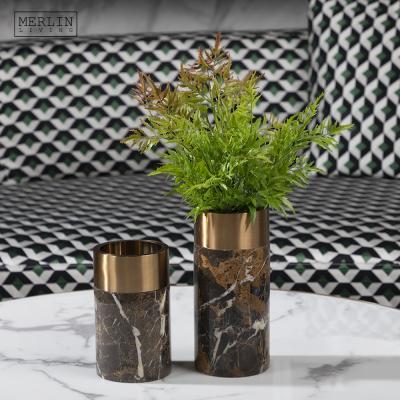 China Art Decor Merlin Vase Modern Natural Black Marble Cylinder Vase White Stone Luxury Mounted Gold Metal Bud Copper Table Top For Home Decor for sale