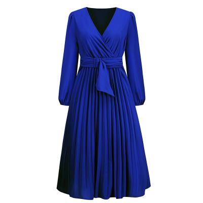 China Autumn 2022 new long v-neck dress women's fashion dress washable sleeveless belt dress a-line slim pleated office for sale