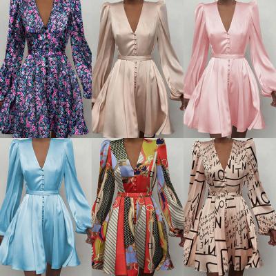 China European and American temperament collar DING V color dress lantern sleeve thin skir of the other new skirt for sale