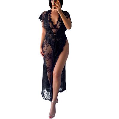 China New Summer Breathable Hollow Women's Lace Dress 2021 Sexy Extra Long Sheer V-Neckline Black Slit And Ankle Dress for sale