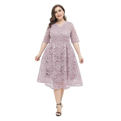 China Plus Size Flower Embroidery Soft Lace Half Sleeve Dry Cleaning Women's Dress Elegant Formal Dress for sale