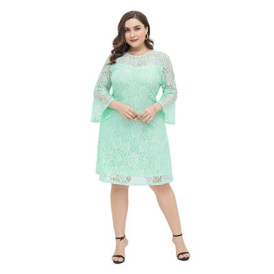 China Women's Cool Mint Green Dry Cleaning Round Neck Elegant Loose Embroidery Long Sleeve Lace Casual Dress Plus Size for sale