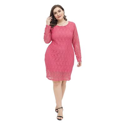 China Plus Size Fashion Women's Dress Long Sleeve Lace Solid Rose Bodycon Dress Knee Length for sale