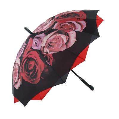 China Minimalist Double Layer Rose Flower Pattern Straight Canopy Cross Umbrella for sale