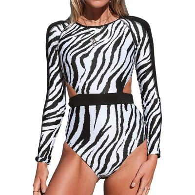 China Women's Breathable One Piece Swimsuit Long Sleeves Zebra Cut Out Swimsuit for sale