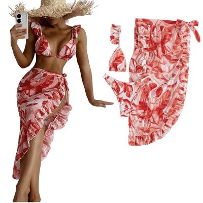 China Tropical Non-Toxic Ruffle Halter Bikini Swimwear With Cover Up Wrap Skirt Womens 3 Pieces Beach Bathing Suit for sale