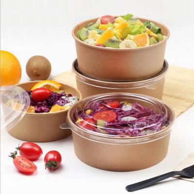 China Biodegradable Disposable Take Away Kraft Paper Salad Bowl With PET Lid , Kraft Paper Salad Bowl for sale