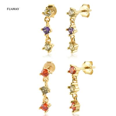 China FUAMAY 925 Sterling Gold Plated Rainbow Earrings CZ Casual/Sporty Stud Earrings Short Chain Woman for sale