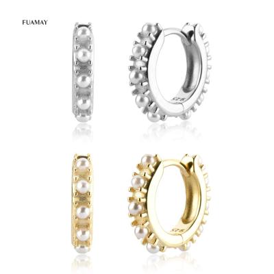 China FUAMAY 2021 punks new statement 18K gold plated round pearl earrings small paved circle hoop earring for sale