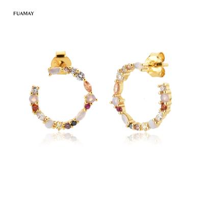 China FUAMAY CLASSIC Silver Round Earrings Women Rainbow Zirconia Diamond Letter O Shaped Earring Studs for sale