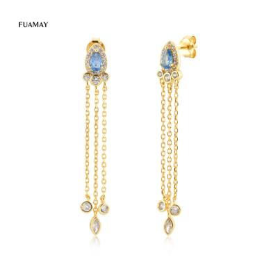 China BOHEMIA FUAMAY Aretes De Plata 925 Long Chain 48MM Drop Earrings Tear Water Drop Real Zircon Silver Long Drop Earrings for sale