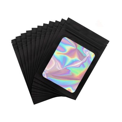 China Recyclable Clear Window Smell Proof Mylar Bags Resealable Zip Lock Holographic Packaging Pouch for sale