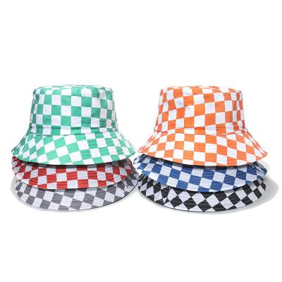 China Casual Picture Summer Checkerboard Print Cotton Bucket Hat For Women Mens for sale