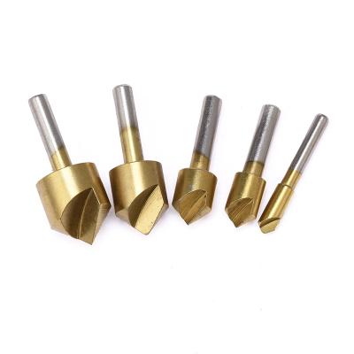 China Hot Sale Factory 5pcs Chamfer Woodworking Drill Bit Round Single-Edged Handle Titanium Plated Woodworking Chamfering Tool for sale