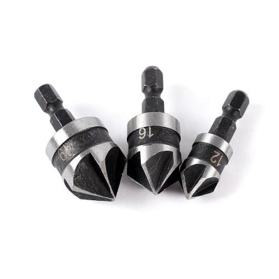 China Hot Sale High Quality 3pcs Carbon Steel Woodworking 90 Degree Hex Leg Five-Blade Chamfer Drill Bit for sale